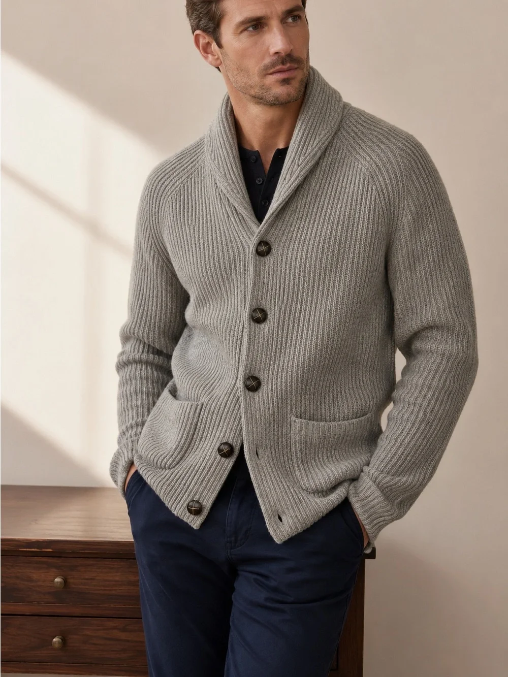 Banana Republic Wool Camel Hair Shawl Collar Cardigan Sweater XL Gray Soft Warm